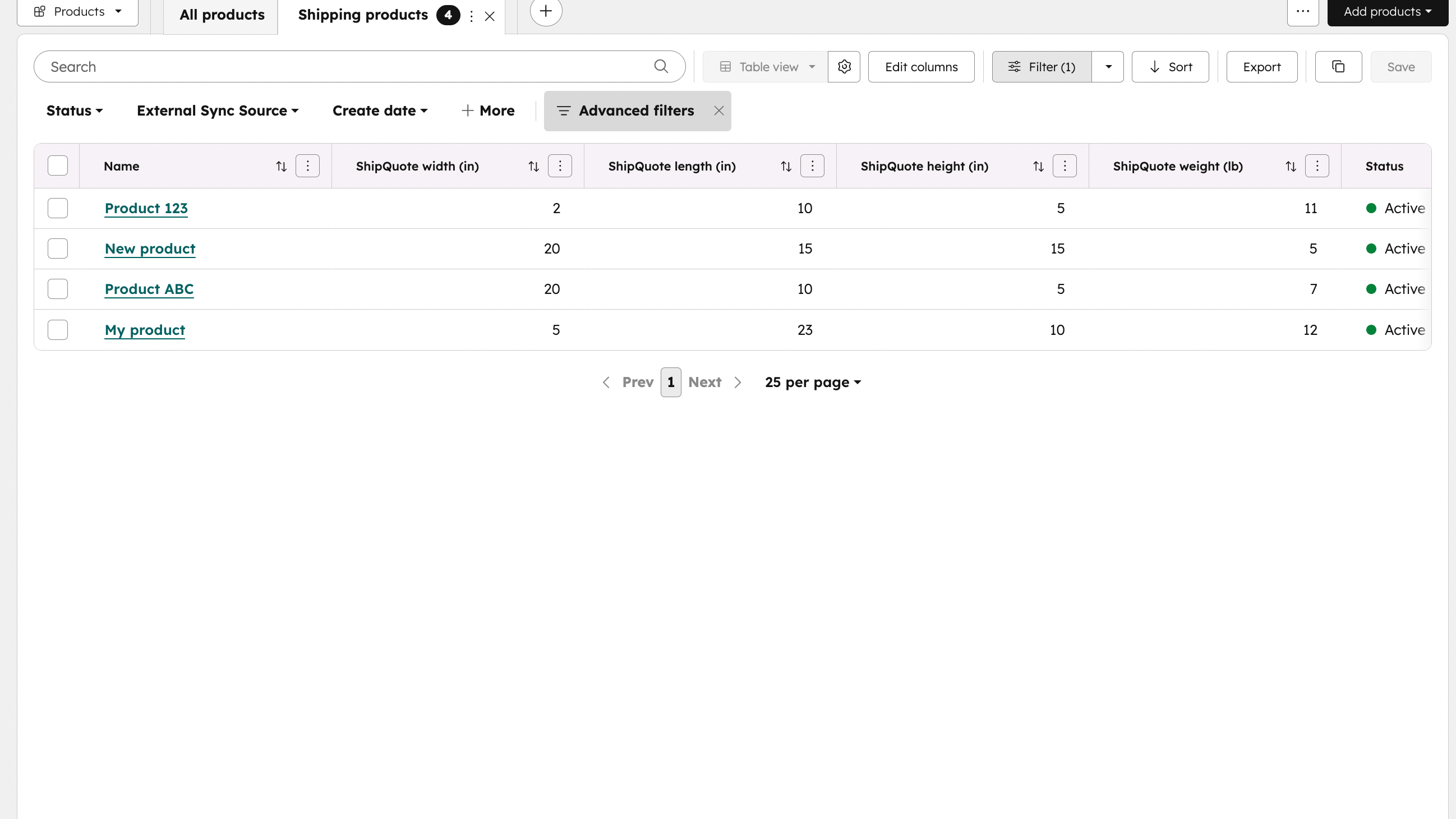 Size and weight product properties